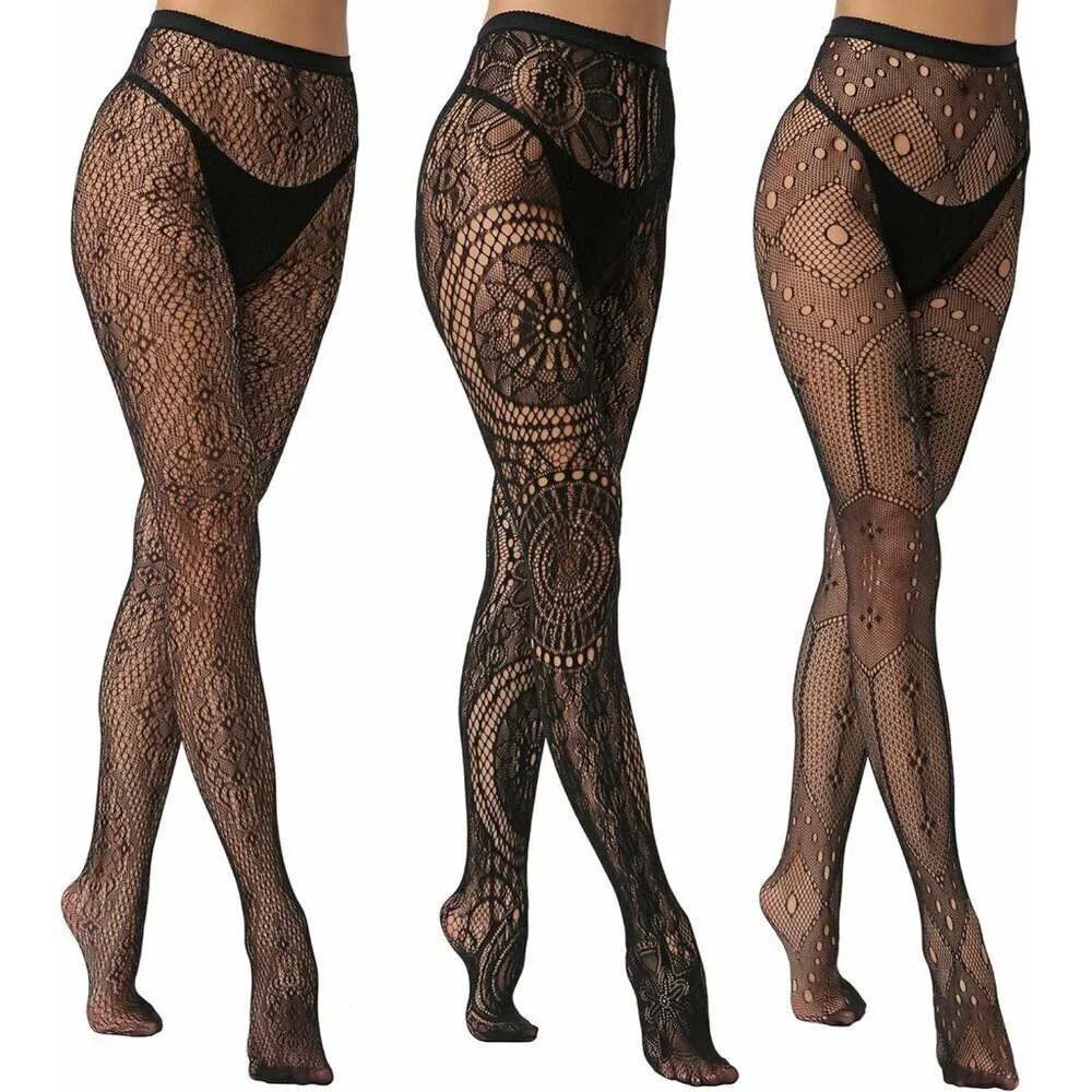 🆕Women's Black Fishnet Tights with Floral and Geometric Patterns Stylish